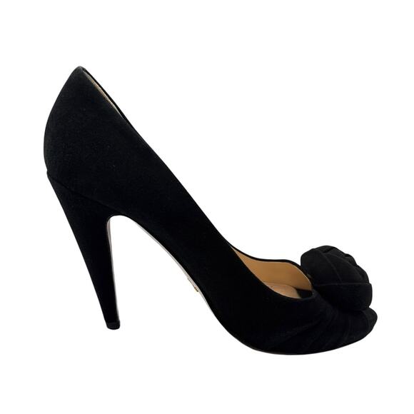 Prada Rosette Peep Toe Black Suede High Heel Pumps Size 38.5 - Picture 4 of 9